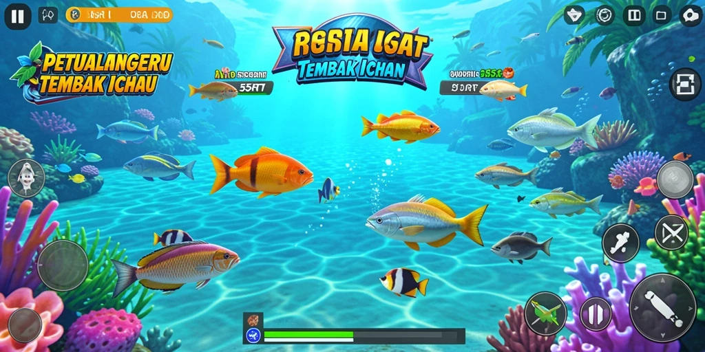 Tangkapan layar menunjukkan aksi menembak ikan yang seru.