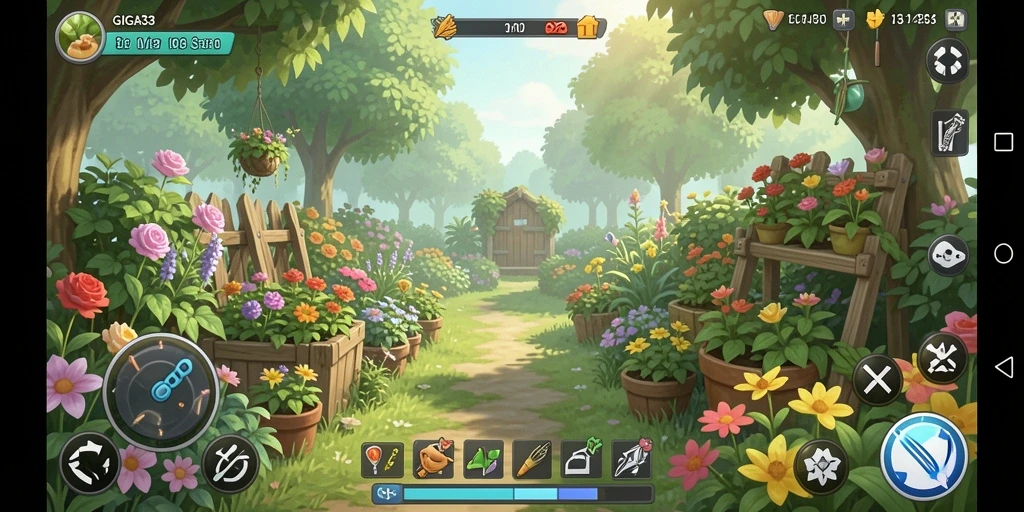 Screenshot GIGA33 menampilkan ladang subur yang penuh warna dan sejuk.