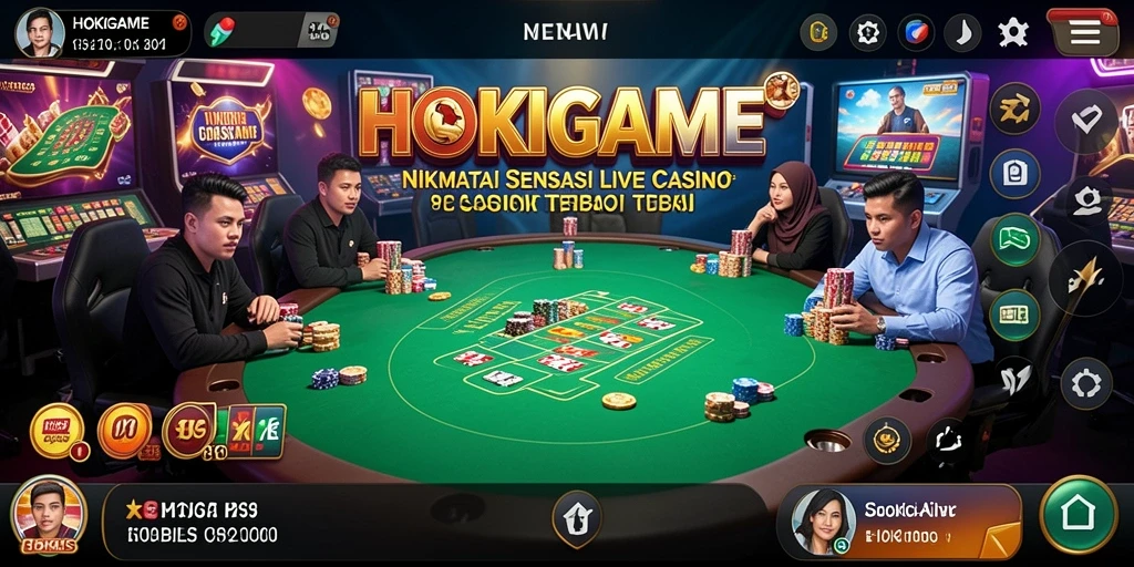 Gameplay HOKIGAME menampilkan dealer profesional di meja kasino langsung.